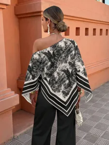 Spring summer fashion elegant print loose off shoulder irregular sleeve top for women daily wear