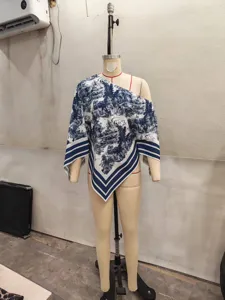 Spring summer fashion elegant printed loose one shoulder irregular sleeve top detail view