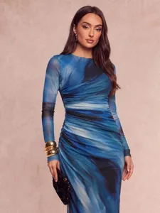 Women's elegant marble print long sleeve mesh maxi dress, chic slim fit evening party gown.