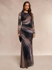 Elegant marble print long sleeve maxi dress featuring a chic round neck for women.
