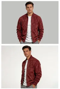 Men's suede bomber jacket detail view, casual stand collar outerwear in burgundy.