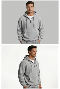 Men's grey waffle knit half zip hoodie casual long sleeve pullover sweatshirt details.