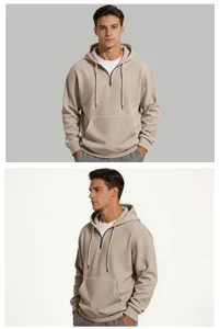 Detailed view of casual waffle knit half-zip hoodie for men, showing texture and fit closely.
