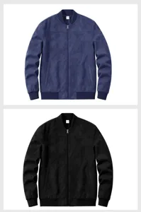 Men's faux suede bomber jacket detail featuring a stand collar, smooth front zipper, and ribbed cuffs.