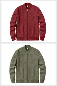 Men's suede jacket detail view showing texture, stand collar, and zipper design features.