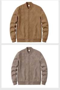 Men's suede jacket detail view showing stand collar, front zipper, and solid color fabric.