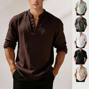 Camisa de Manga Larga Con Cuello en V Para Hombre Business Casual Textura Acanalada Vertical Jersey de Color Sólido Para Uso Diario Tejido de Poliéster