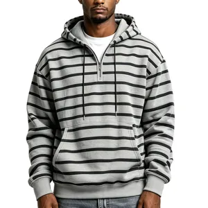 Felpa con cappuccio da uomo a righe grigie e nere con mezza zip casual ampia a maniche lunghe top.