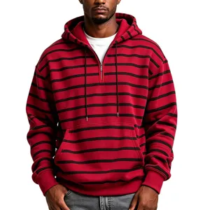 Felpa con cappuccio uomo rossa nera a righe mezza zip manica lunga streetwear casual