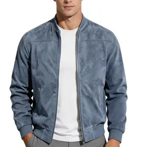 Men's suede bomber jacket casual stand collar solid color zip up outerwear for daily wear
