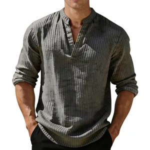 Camisa de hombre casual de manga larga con cuello en V a rayas top básico diario