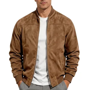 Men's suede bomber jacket solid color stand collar full zip casual outerwear for daily commute.