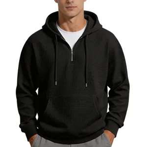 Mens casual black waffle knit quarter zip hoodie long sleeve hooded sweatshirt top