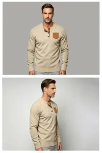 Camisa Henley informal de manga larga para hombre con bolsillo de contraste y botonadura.
