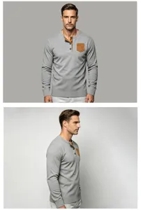 Vista detallada de la camiseta Henley gris de manga larga para hombre con bolsillo y botonadura.
