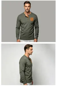 Camisa Henley de manga larga para hombre con bolsillo de contraste y textura waffle.