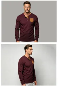 Vista detalle camiseta henley manga larga hombre, tejido de canalé con bolsillo.