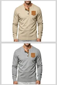 Camisa Henley de manga larga para hombre con bolsillo de contraste detalle jersey casual.