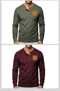 Camisa Henley de manga larga vintage para hombre con bolsillo de contraste y detalles de punto.