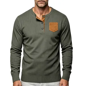 Camiseta Henley de Manga Larga para Hombre de Textura de Pana Vintage Bolsillo en Contraste Top de Punto Acanalado Casual