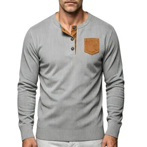 Camisa Henley de manga larga para hombre top de punto casual con bolsillo de contraste
