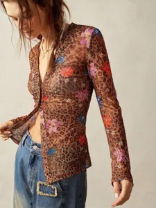 Close-up detail of the slim-fit mesh shirt featuring vintage leopard and floral print.