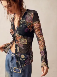 Detailed view of women's vintage floral mesh long sleeve button-down blouse with chic style.