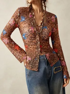 Close-up detail of the retro leopard print mesh long-sleeve button-down shirt with floral patterns.