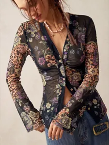 Women sheer mesh long sleeve button down floral leopard print slim vintage top shirt