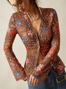 Women's autumn leopard floral sheer mesh slim button down shirt vintage casual long sleeve top