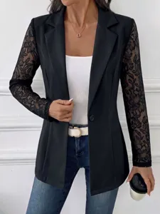 Vrouwen mode slanke zwarte blazer jas met elegante kant lange mouwen revers kraag stijl.