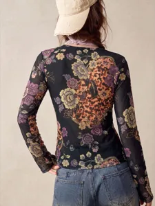 Women mesh long sleeve top featuring vintage floral leopard print, slim fit back view design detail