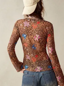Women's leopard floral print mesh long sleeve slim fit top back view detail showcase.