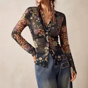 Women's vintage floral leopard print sheer mesh long sleeve button down blouse top.