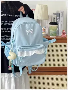 Zaino per studenti carino coreano con tasca in pizzo zaino scolastico casual azzurro per ragazze
