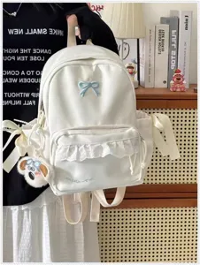 Zaino stile coreano con fiocco per ragazze, grande zaino bianco carino con pizzo e nastri.