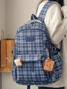 Retro Plaid Casual Backpack For Women Large Capacity School Bookbag Nylon Vintage College Style Daypack Travel Bag