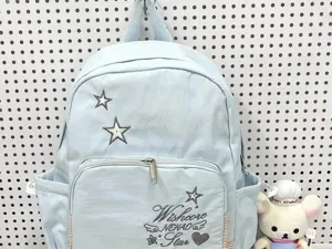 Zaino scolastico azzurro ricamato con stelle stile coreano carino grande capacità