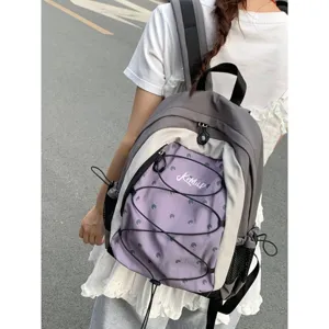 Zaino alla moda a pois a contrasto, grande borsa da scuola con coulisse per donne.