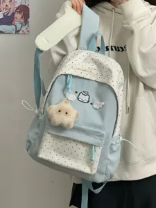 Korean cute wing cat large capacity backpack, color contrast student school bag for girls.