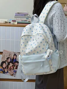 Zaino da donna blu a pois grazioso, borsa scolastica in tela per viaggi casual e uso quotidiano.