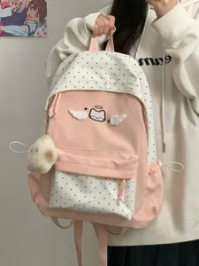 Korean style cute cat backpack with angel wings and polka dots, large capacity student schoolbag.