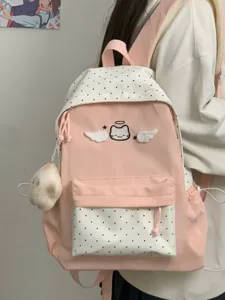 Detail shot of the cute pink cat wings backpack showing daily style and strap features.