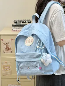 Mochila escolar japonesa texturizada con bonito distintivo de oso, diseño muy dulce.