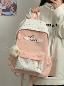 Cute pink polka dot backpack with embroidered wings and cat design for school daily use.