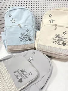 Vista dettagliata dello zaino scolastico con ricamo di stelle carine e tasca a righe.