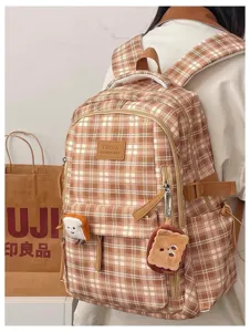 Vintage plaid backpack for women school bag large capacity retro student bookbag stylish