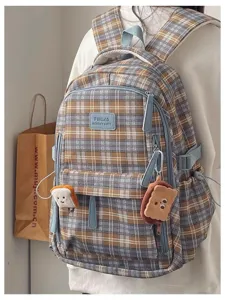 Women retro plaid school backpack Japanese ins large capacity college style detail view