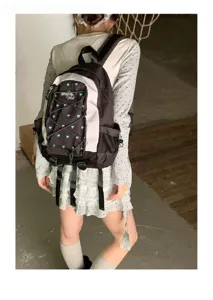 Korean style aesthetic heart print backpack, high school student casual commuter large daypack