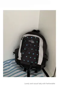 Korean style cute heart print backpack large capacity contrast color casual school bag for women